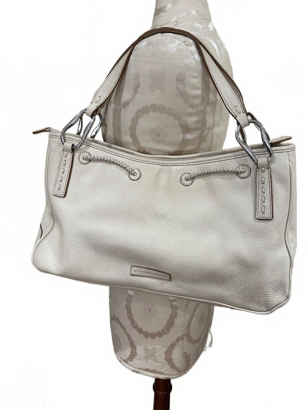 BCBGMAXAZRIA Cream Leather Shoulder Bag with Silver Hardware